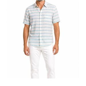 Samuel Windsor Shirt Mens Size XL Linen Blend Short Sleeve Blue White Button Up